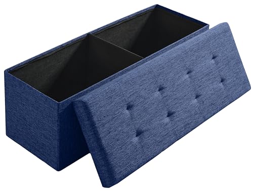Ornavo Home 43 Inch Folding Extra Large Storage Bench, Linen, Navy Blue | Upholstered Tufted Ottoman with Lid; Foot Rest Stool; Ideal for Bedroom, Living Room or Entryway - color: Navy Blue, size: 15"d X 43"w X 15"h