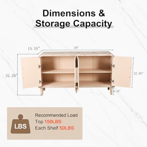 Light Wood Sideboard Cabinet – Buffet Sideboard Storage Cabinet for Dining Room & Living Room – Farmhouse Storage Cabinet, Vintage Wood Finish, Entryway Accent Cabinet - color: Natural Light Wood With White Washed
