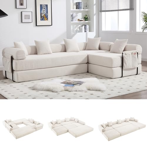 L-Shape Modular Sectional Sofa Bed, Corduroy Boneless Couch, Beige White | Boneless Couches for Living Room, Sleeper Futon Sofa Bed, Modular Couch with Storage, Pull Out Couch, No Assembly Required - color: Beige White