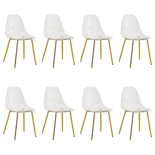 Baysitone Clear Dining Chairs Set of 8, Modern Kitchen Chairs with Transparent Seat, Acrylic Accent Side Chairs with Plating Metal Legs for Dining Room, Kitchen, Living Room with Gold - color: Golden, size: Set of 8