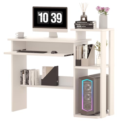 ALISENED Computer Desk with Storage Shelves, Home Office Desk with Monitor Stand, Small Writing Desk Table with Keyboard Tray,Study Table with CPU Stand for Small Spaces (35"-White) - color: 35"-white