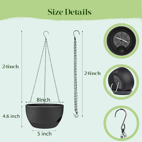 Set of 4-8 Inch Self Watering Hanging Planters for Indoor Outdoor，Hanging Plant Pots with Drainage & Removable Tray, Hanging Pots Holder for Ivy, Pothos, Ferns, Balcony & Patio, Black - color: Black, size: 4 pack 8 inch
