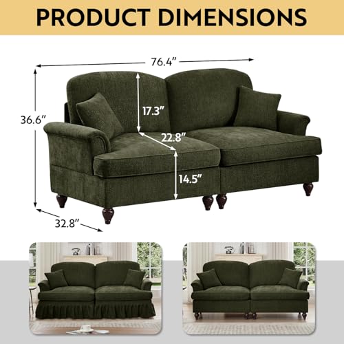 Modular Loveseat Sofa Couch, 2 Seat Comfy Chenille Sofa with Removable Ruffled Skirt, Flared Armrests, Sturdy Legs, Convertible Loveseat for Living Room, Bedroom, Apartment (Green) - color: Green, size: 76.4 Inch