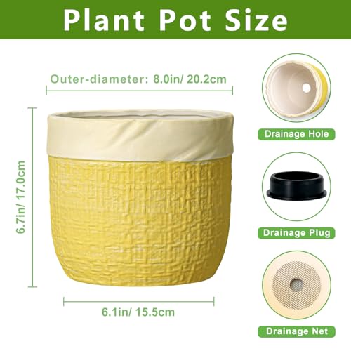 8 Inch Pots for Plants, Ceramic Planter, Round Planter, Yellow | Boho Flower Pot with Drainage Hole, Decorative Plant Pots for Indoor Plants, Home Room Decor, House Warming Gifts New Home - color: Yellow, size: 8 Inch