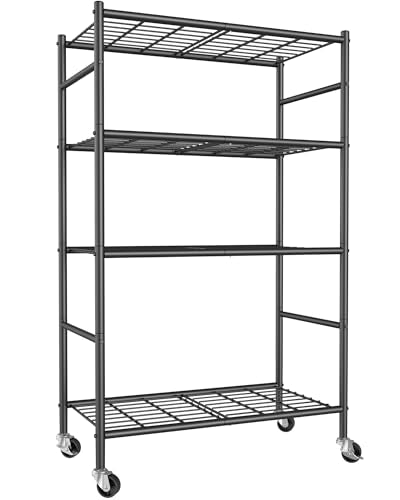 Sakugi 4-Tier Storage Shelves 33.1" x12.6" x58.9" Black with Wheels | Kitchen, Closet, Pantry, Garage, Heavy Duty, Adjustable Feet, Metal Construction - color: Black, size: 33.1W x 12.6D x 58.9H(4T)