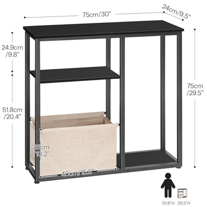 HOOBRO Narrow Console Table with Storage Basket, 29.5" Small Entryway Table with 3-Tier Storage Shelves, Behind Couch Sofa Table, Hallway Table for Living Room, Black and Beige BB60XG01