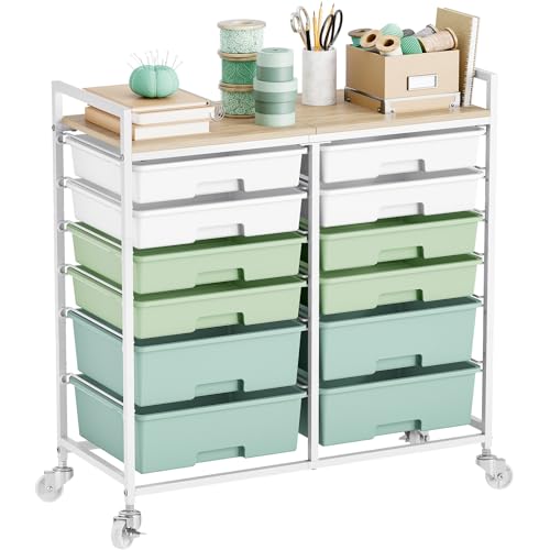 TOOLF 12 Drawers Rolling Storage Cart with Wooden Top for Classroom,Green | Teacher Cart Craft Art Supply Organizer, Utility Cart with Lockable Wheels for Home Household Essentials, Office Organization - color: Green