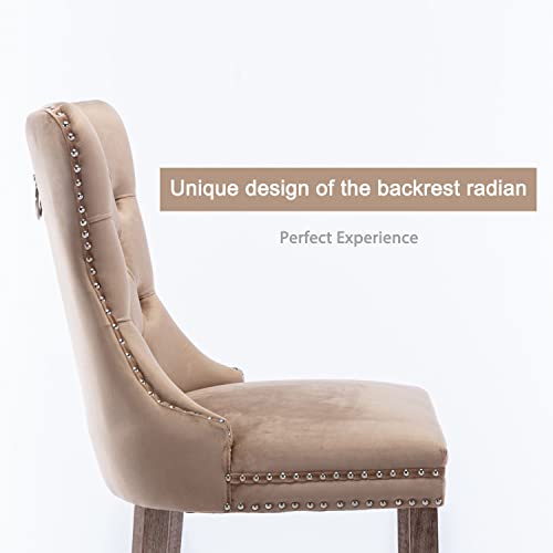 Virabit Velvet Dining Chairs Set of 4, Tufted Upholstered Dining Chairs with Nailhead Back and Ring Pull Trim, Solid Wood Dining Chairs for Kitchen/Bedroom/Dining Room (Khaki) - color: Khaki, size: set of 4