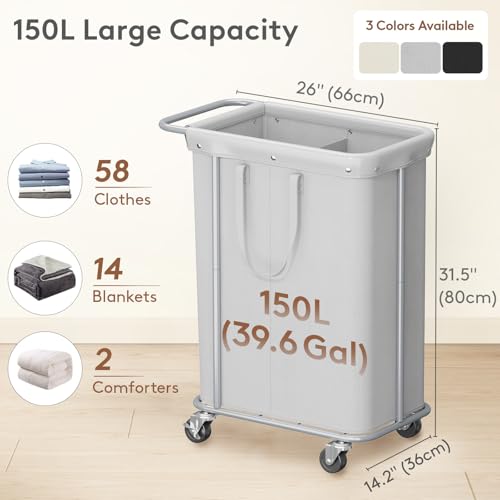 Lifewit 150L Rolling Laundry Basket with Steel Frame, Removable Bag, Silver Gray - color: Silver Gray, size: 150L