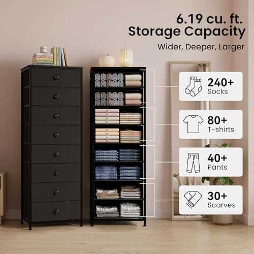 Fabric Dresser for Bedroom, 8 Drawer Tall Vertical Skinny Tower (Black) | Wooden Top, Steel Frame, Easy Pull Bin,Organizer Unit for Living Room, Hallway, Entryway, Nursery, Closets - color: Black, style: Narrow-8 Drawers