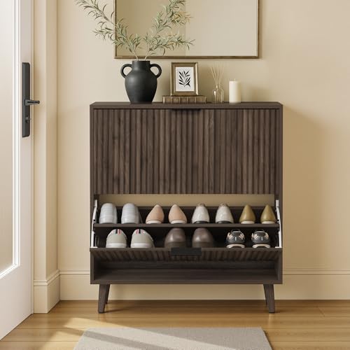 VASAGLE MAXE Collection - Shoe Storage Cabinet with 2 Flip Drawers, Freestanding Narrow Shoe Rack Organizer for Entryway, Fluted Doors, Fits 12-16 Pairs, Mid Century Modern, Walnut Brown UHSC202KF02S | Freestanding Shoe Rack Organizer, Fluted Doors, Mid C