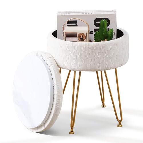 Cpintltr Velvet Storage Ottoman Round Footrest Stool Multifunctional Upholstered Ottoman Modern Accent Vanity Stools Tray Top Coffee Table Suitable for Living Room Bedroom Entryway Cream - color: Cream