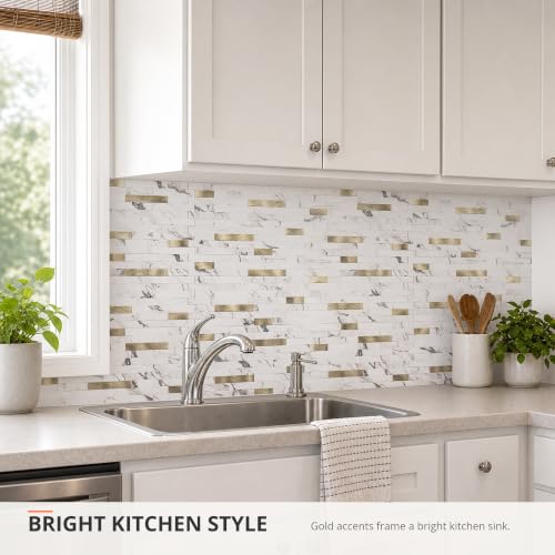 StyloVue 20 Sheets Peel and Stick Backsplash for Kitchen, Volakas White Marble Look with Gold Metal, Stick on Tile for Kitchen Backsplash, RV, Fireplace - color: Volakas White Marble
