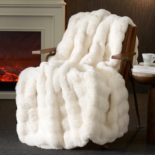 Faux Fur Throw Blanket, Ultra Soft Fuzzy Plush Bubble Blanket for Couch, Bed & Living Room, 60"x80", Cream White - color: Cream White, size: 60" x 80"