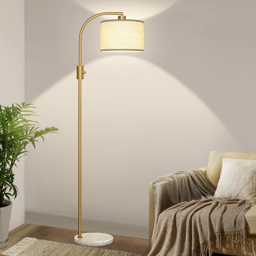 Nintiue Upgraded Modern Arc Dimmable Tall Standing Floor Lamp with Marble Base & Linen Shade, 1200 Lumens LED Bulb Included, for Living & Reading Room, Bedroom, Office & Nursery, Gold - color: Marble base & Gold