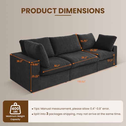 118" Cloud Modular Sofa, Convertible Modular 3 Seater Couch, Cotton Linen Fabric Sofa for Living Room, Apartment and Bedroom, Removable Covers, 2 Pillows, Black - color: Black, size: 3-Seater