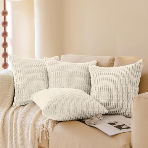 Softalker Throw Pillow Covers 20x20 Inch, Set of 4, Corduroy Soft Striped Boho Pillow Covers, Modern Decorative Cushion Pillow Case for Couch Sofa Bedroom Living Room, Cream - color: Cream, size: 20" x 20" (Pack of 4)