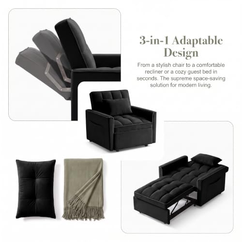 Sleeper Chair with Pull Out Bed, 3 In1 Convertible Couch Bed, Black | Adjustable Backrest,Soft Cushioning,Handy Side Pocket - color: D-black-g4