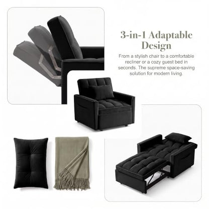 Sleeper Chair with Pull Out Bed, 3 In1 Convertible Couch Bed, Black | Adjustable Backrest,Soft Cushioning,Handy Side Pocket - color: D-black-g4