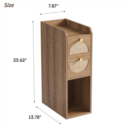 Narrow Nightstand Set of 2 (Rattan & Wood) - Small Bedside Table with 2 Drawers, Open Shelf, Mid Century Modern End Table - for Bedroom, Living Room & Small Spaces, Rustic Oak Rattan - color: Rustic Oak Rattan, size: 7.9"W (2 Pc)