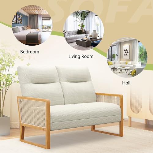 Alunaune Modern Loveseat Bench Couch with Natural Rattan Arm, Upholstered Linen Small Love Seat Sofa 2-Seats Living Room Couch Settee, Comfy Lounge Recliner Chair-Ivory - color: Ivory