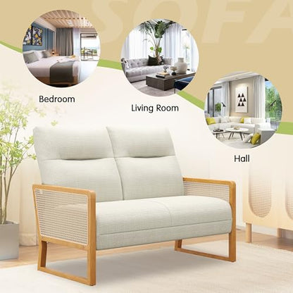 Alunaune Modern Loveseat Bench Couch with Natural Rattan Arm, Upholstered Linen Small Love Seat Sofa 2-Seats Living Room Couch Settee, Comfy Lounge Recliner Chair-Ivory - color: Ivory