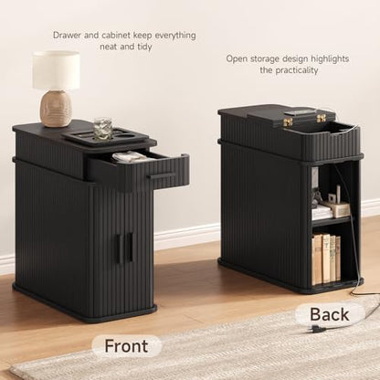 Side End Table with Charging Station, Slim Nightstand with Drawer, Mid-Century Wood Skinny Bedside Table with Storage, Narrow Side Tables for Small Space Living Room Bedroom Office Sofa Couch Black - color: Black