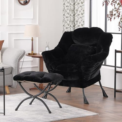 Lazy Chair with Ottoman, Plush Reading Chair with Pillow，Black | Removable machine-washable cover; includes an extra throw pillow; cozy accent chair for living room, bedroom, dorm or office - color: Plush Black-1