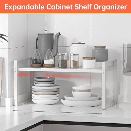 Adjustable Kitchen Shelf Organizer 9", (2 Pack) Heavy-Duty Cabinet Shelves for Countertop, Pantry & Microwave, Expandable Space-Saving Storage Rack with Non-Slip Pads, White - color: 9" wide ( 2 PACK)