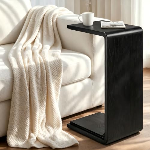 Solid Wood C Shaped Sofa Side Table, Small End Table for Couch, Modern Simple Narrow Table for Small Spaces, Mini Coffee Table for Living Room, Bedroom, Bedside (Black) - color: Black