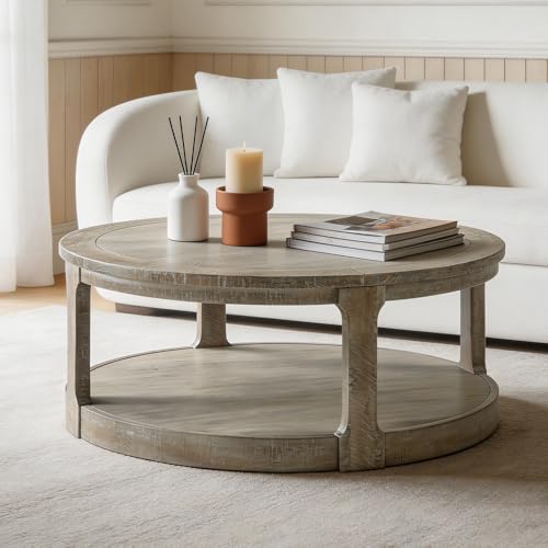 40" Round Coffee Table with Wheels, Circle 2 Tier Solid Wood Center Coffee Table, Mid Century Retro Farmhouse Rounded End Table for Living Room Apartment, ø40 x 17.52" H (Light Brown) - color: D-40" Light Brown