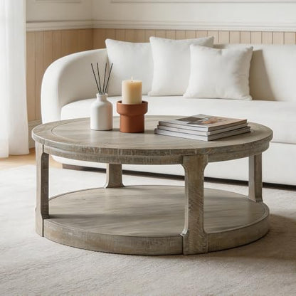 40" Round Coffee Table with Wheels, Circle 2 Tier Solid Wood Center Coffee Table, Mid Century Retro Farmhouse Rounded End Table for Living Room Apartment, ø40 x 17.52" H (Light Brown) - color: D-40" Light Brown
