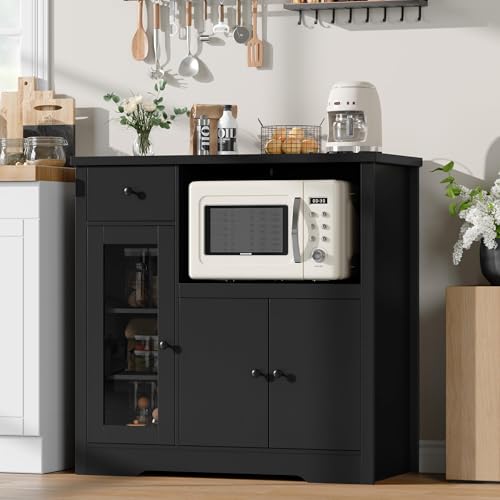 GarveeHome Kitchen Microwave Cabinet with Storage and Drawers, Black | Modern Small Buffet Cabinet, Glass Doors, Adjustable Shelf, Wooden Sideboard, Wide Top, for Dining Room, Living Room - color: Black