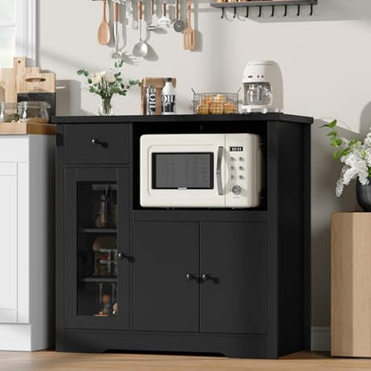 GarveeHome Kitchen Microwave Cabinet with Storage and Drawers, Black | Modern Small Buffet Cabinet, Glass Doors, Adjustable Shelf, Wooden Sideboard, Wide Top, for Dining Room, Living Room - color: Black