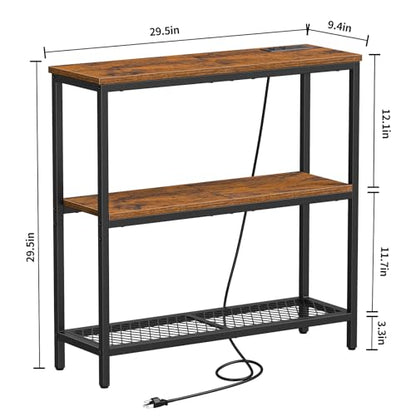 Snughome Console Table with Power Outlets, Entryway Table with Storage, Narrow Sofa Table with 3 Tier Shelves, 2 USB Ports, 2 Power Outlets, Hallway Table for Couch, Living Room, Entrance - color: Rustic Brown