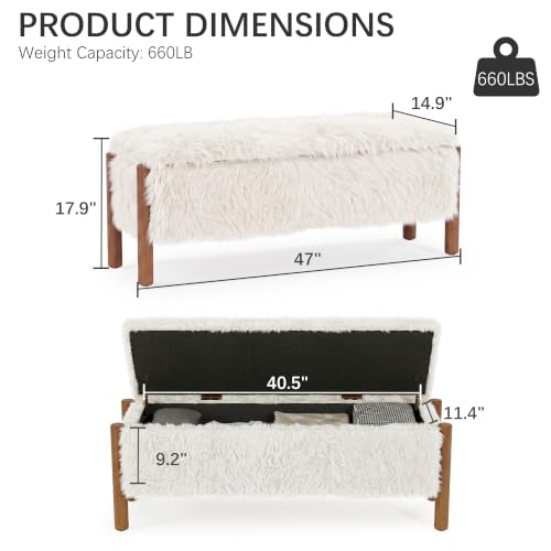 Modern Storage Benches with Walnut Wood Legs, 47'' Ottoman Bench with 20 Gallons Storage Space for Bedroom End of Bed, Faux Fur Fabric Upholstered Entryway Bench, Beige - color: Faux Fur-beige