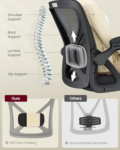 VASAGLE Office Chair, Ergonomic Mesh with Adjustable Lumbar Support | Computer desk chair with 90-105° tilt function, wide seat, flip-up armrests, Ink Black UOBN045BH01S - color: Ink Black, size: Set of 1, style: Office Chair Without Headrest