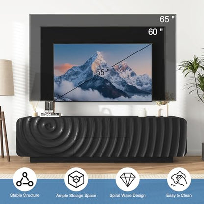 58'' TV Stand for 65 Inch TV, Modern Spiral Wave Media Console with Storage Cabinet and 2 Drawers, Low Profile Entertainment Center for Living Room Bedroom (Black)