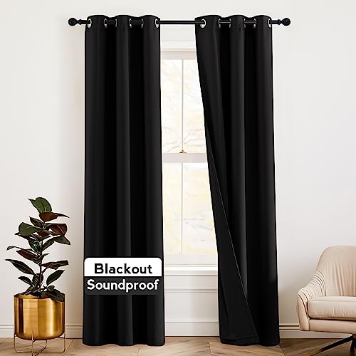 RYB HOME Thermal Insulated Soundproof Curtains, 3 Layers 100% Blackout | Noise Cancelling, Thermal Insulated, With Detachable Felt Liner, For Bedroom Theater Playroom, W42 x L84, Black, 2 Panels - color: Black, size: 42"W x 84"L (Pack of 2)