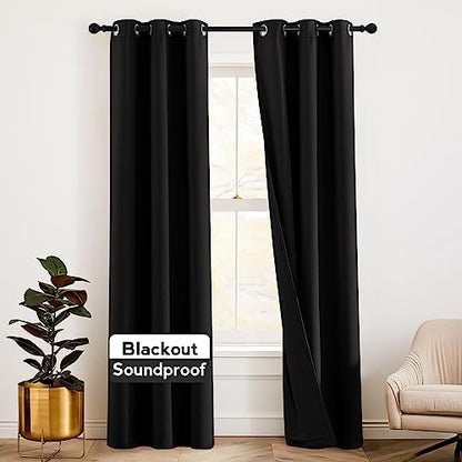 RYB HOME Thermal Insulated Soundproof Curtains, 3 Layers 100% Blackout | Noise Cancelling, Thermal Insulated, With Detachable Felt Liner, For Bedroom Theater Playroom, W42 x L84, Black, 2 Panels - color: Black, size: 42"W x 84"L (Pack of 2)