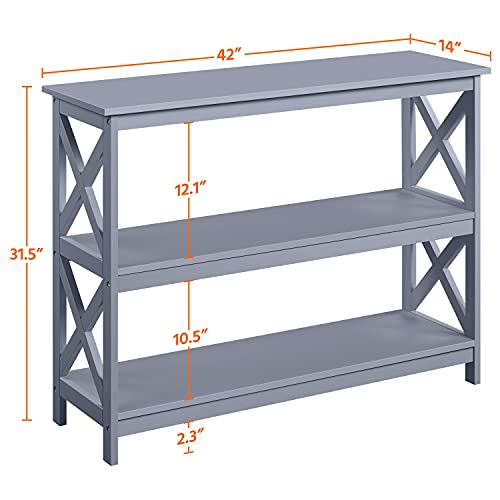 Yaheetech 42"L Console Table 3-Tier Narrow X-Frame Open Storage Shelf, Gray | Sofa Table for Entryway, Hallway and Living Room, Slim 14" Depth, Powder-Coated MDF, 88 lb Top Load, Easy Assembly - color: Grey