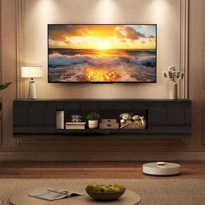 BREEZEHEAT 70'' Floating TV Stand, Wall Mounted TV Cabinet, High Glossy Entertainment Center-Modern Media Console Fits 65-80 Inches TV for Living Room/Bedroom, Remote Control, Black - color: Black