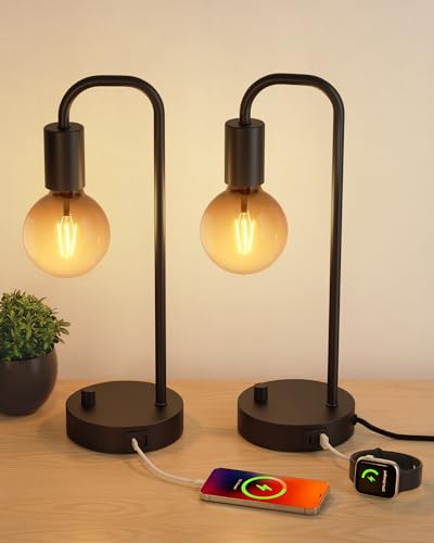ONEWISH Industrial Table Lamp Set of 2 with USB C&A Charging Port, Stepless Dimmable Nightstand Bedside Lamps for Bedroom,Desk Lamps with 2700K Black Gradient Bulb for Reading Living Room,Office - color: USB Black 2 packs, size: USB