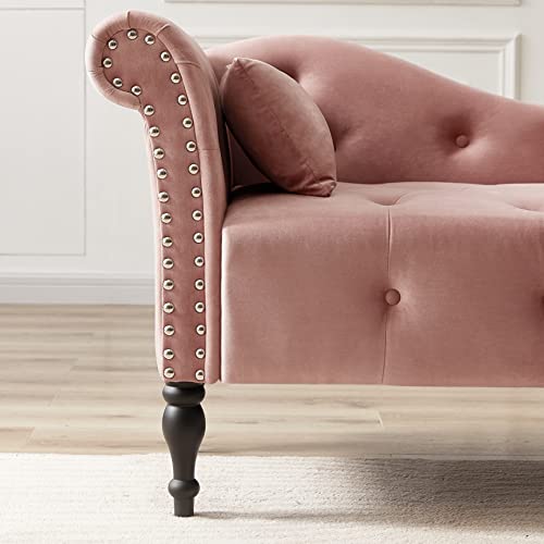 60" Modern Velvet Chaise Lounge Indoor,Upholstered Lounge Chair with Left Armrest and Lumbar Pillow, Button Tufted Lounge Sofa for Living Room Bedroom Office,Mini Chaise Longue Sofa (Pink) - color: Pink
