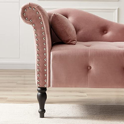 60" Modern Velvet Chaise Lounge Indoor,Upholstered Lounge Chair with Left Armrest and Lumbar Pillow, Button Tufted Lounge Sofa for Living Room Bedroom Office,Mini Chaise Longue Sofa (Pink) - color: Pink