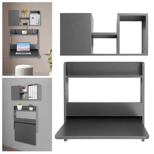 Wall Mounted Folding Desk, Solid Wood Floating Laptop Desk with Wall Mounted Bookshelf for Living Room Coffee Shop Apartments, 88lbs Table Load-Bearing (Grey) - color: Grey