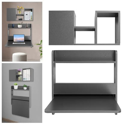 Wall Mounted Folding Desk, Solid Wood Floating Laptop Desk with Wall Mounted Bookshelf for Living Room Coffee Shop Apartments, 88lbs Table Load-Bearing (Grey) - color: Grey