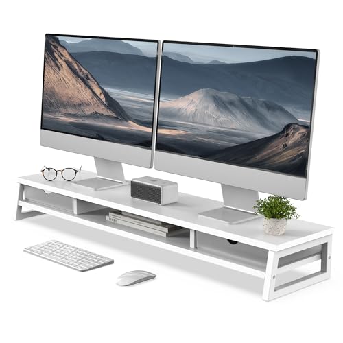 Fenge Dual Monitor Riser with Drwrs, Monitor Stand for Desk, 42.5 Inch Large Computer Monitor Stand for 2 27 Inches Monitors, 2 Tier Wooden Desk Shelf - color: White1