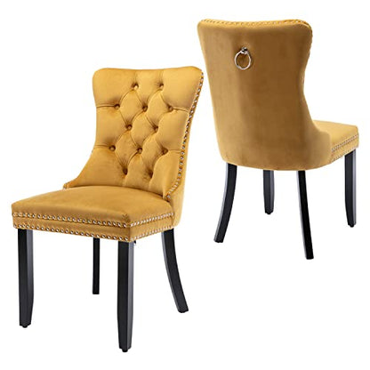 Virabit Velvet Dining Chairs Set of 2, Tufted Upholstered Dining Chairs with Nailhead Back and Ring Pull Trim, Solid Wood Dining Chairs for Kitchen/Bedroom/Dining Room (Gold) - color: Gold, size: set of 2