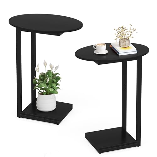 Hosfais Small Side Table End Table, C-Shaped Wood Coffee Table TV Tray for Eating Couch Tables for Small Space, Living Room, Bedroom, Couch (Black 2 Pack) - color: Black, size: Oval 2 Pcs